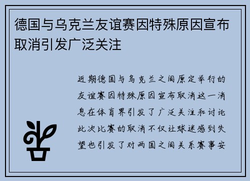 德国与乌克兰友谊赛因特殊原因宣布取消引发广泛关注