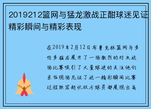 2019212篮网与猛龙激战正酣球迷见证精彩瞬间与精彩表现