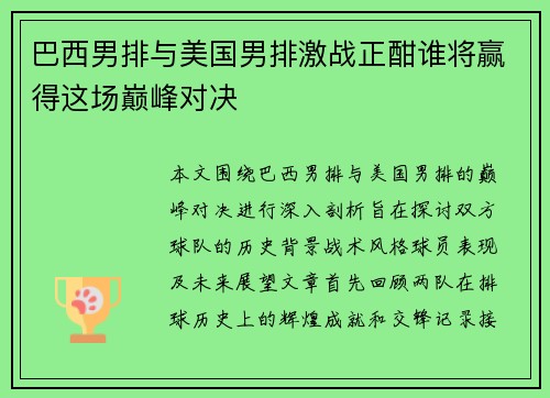 巴西男排与美国男排激战正酣谁将赢得这场巅峰对决