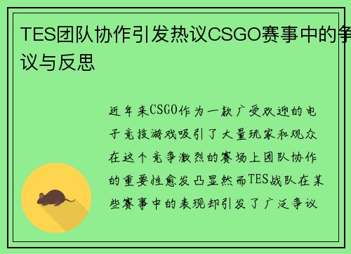 TES团队协作引发热议CSGO赛事中的争议与反思
